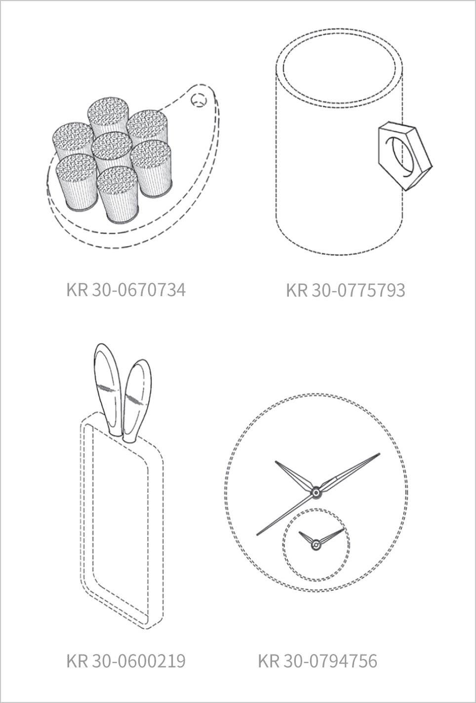 KR 30-0670734 : 점선으로 된 바디클렌징 기구의 몸체와 실선으로 된 솔, KR 30-0775793 : 점선으로 된 머그컵과 실선으로 된 머그컵 손잡이, KR 30-0600219 : 점선으로 된 휴대폰 케이스와 실선으로 된 토끼 귀 모양, KR 30-0794756 : 점선으로 된 시계와 실선으로 된 초침, 분침, 시침