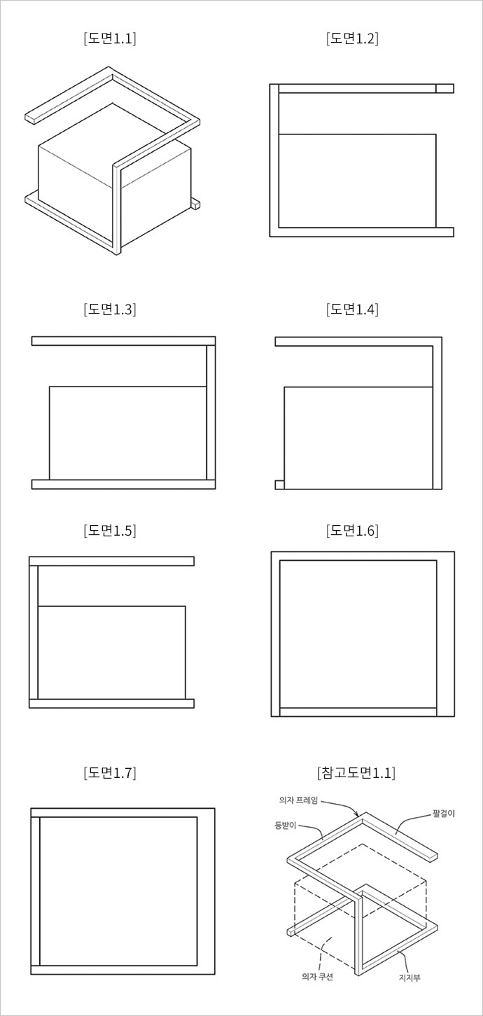 입체디자인 의자 도면 예시 - [도면1.1] 육면도, [도면1.2] 정면, [도면1.3] 좌측면도, [도면1.4] 우측면도, [도면1.5] 배면도, [도면1.6] 평면도, [도면1.7] 저면도, [참고도면1.1] 의자 프레임, 팔걸이, 등받이, 의자 쿠션, 지지부 등 각 부위의 이름은 그림에 표시