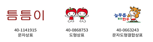 일반적인 상표 예시 - 틈틈이 40-1141915 문자상표, 사과캐릭터 40-0868753 도형상표, 늘푸름 홍천 한우 40-0663243 문자도형결합상표