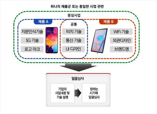 하나의 제품군 또는 동일한 사업 관련 요소를 묶어서 심사하는 일괄심사 제도를 나타내는 도표입니다. 1단계는 동일사업 항목으로 1. 제품 A의 지문인식기술, 5G 기술, 로고 마크 2. 제품 B의 WiFi 기술, 외관디자인, 브랜드명이 있으며, 두 제품의 공통 항목인 터치 기술, 통신 기술, UI 디자인이 있습니다. → 2단계는 일괄심사 단계입니다. 앞선 1단계를 거쳐 기업의 사업내용 및 기술 설명을 바탕으로 원하는 시기에 일괄심사가 진행됩니다.